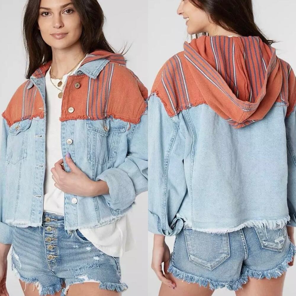 Free People Light Wash Denim Jacket with Rust Orange Striped Hood
